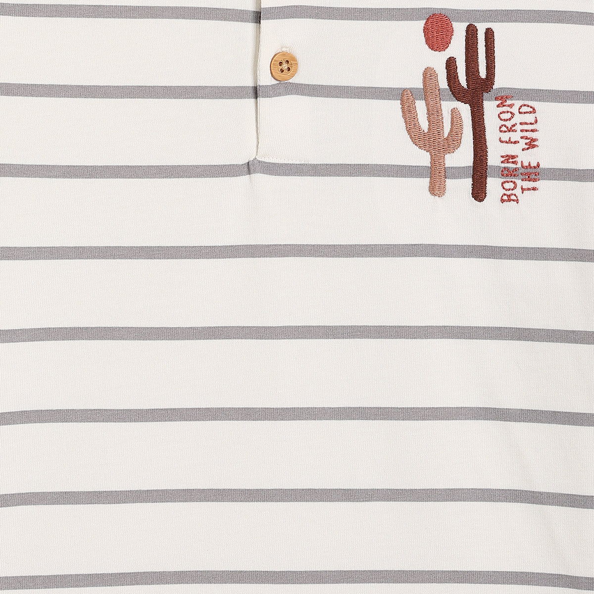 Boys Striped Henley Neck T-Shirt with Cactus Embroidery, Off White