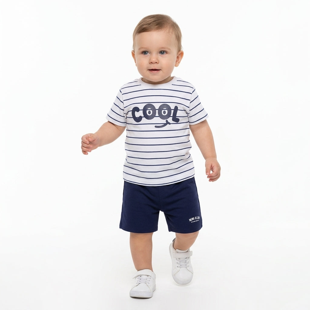 Boys Striped Knit T-Shirt with ‘Cool’ Placement Print, White and Navy