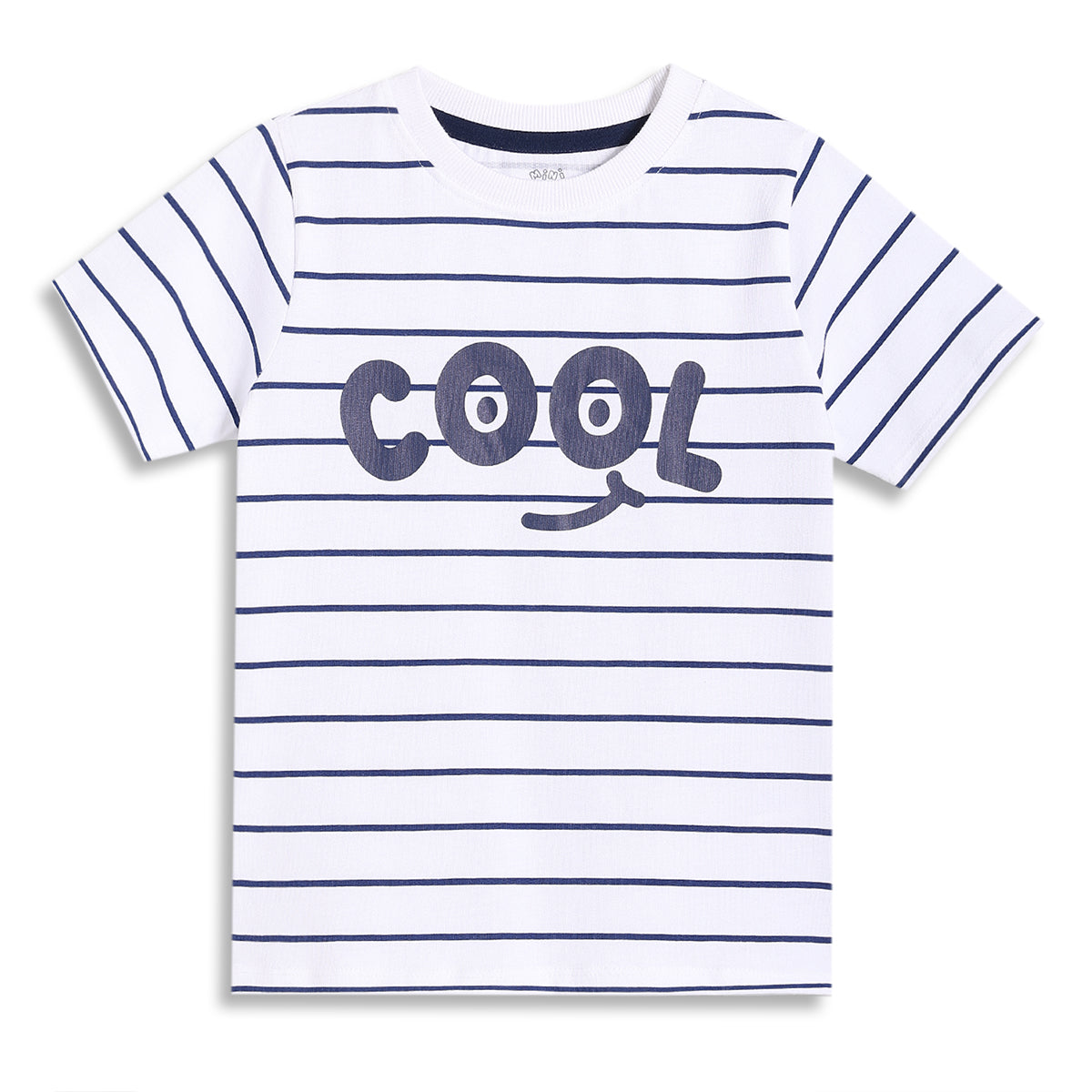 Boys Striped Knit T-Shirt with ‘Cool’ Placement Print, White and Navy
