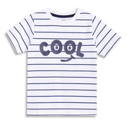 Boys Striped Knit T-Shirt with ‘Cool’ Placement Print, White and Navy