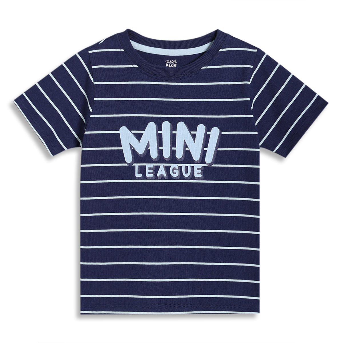 Boys Striped Knit T-Shirt with “Mini League” Placement Print, Navy Blue
