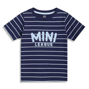 Boys Striped Knit T-Shirt with “Mini League” Placement Print, Navy Blue