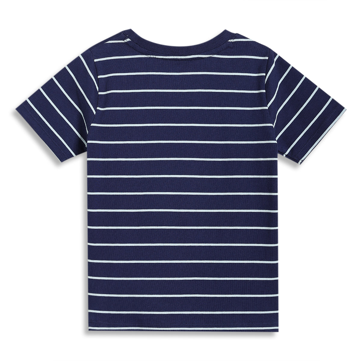 Boys Striped Knit T-Shirt with “Mini League” Placement Print, Navy Blue