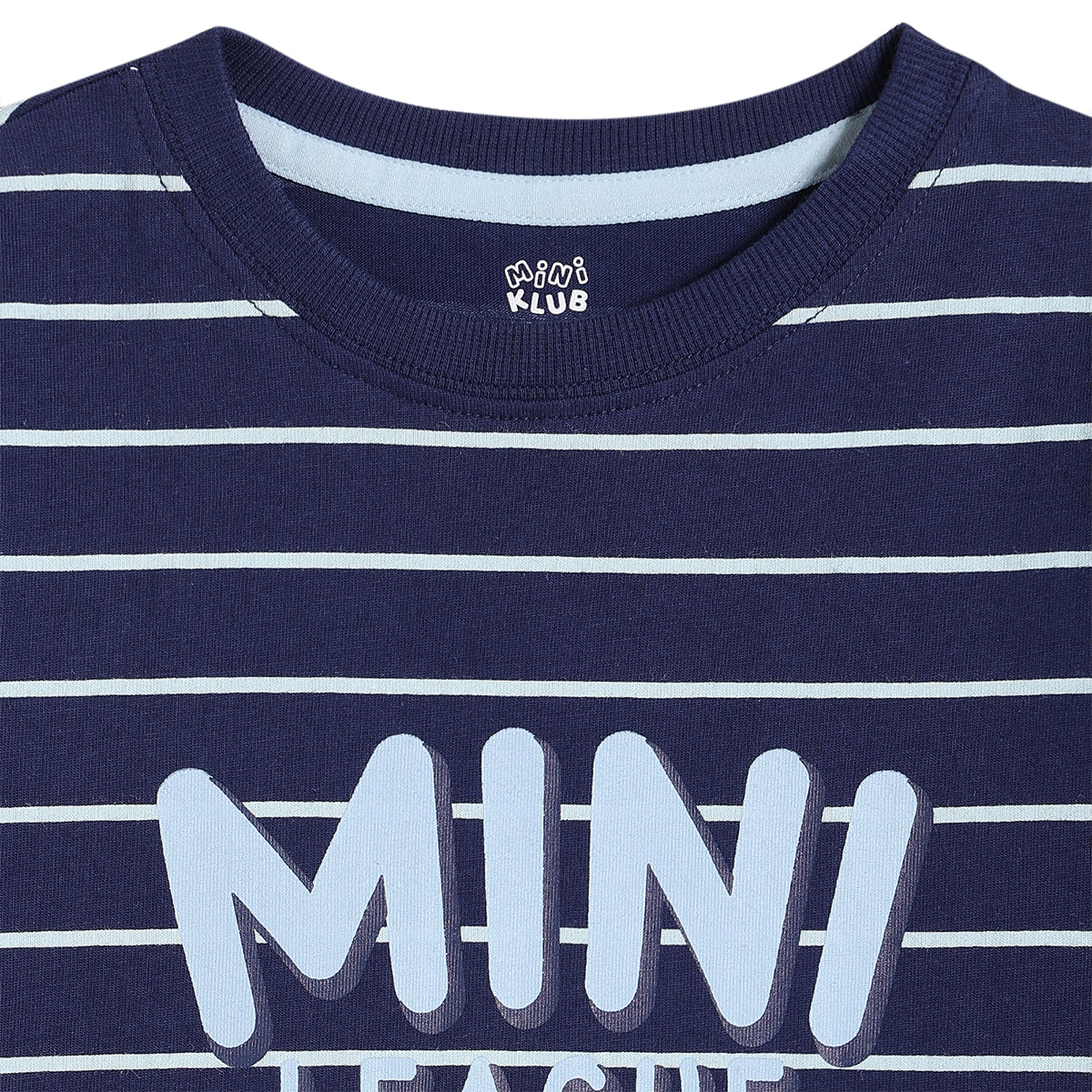Boys Striped Knit T-Shirt with “Mini League” Placement Print, Navy Blue