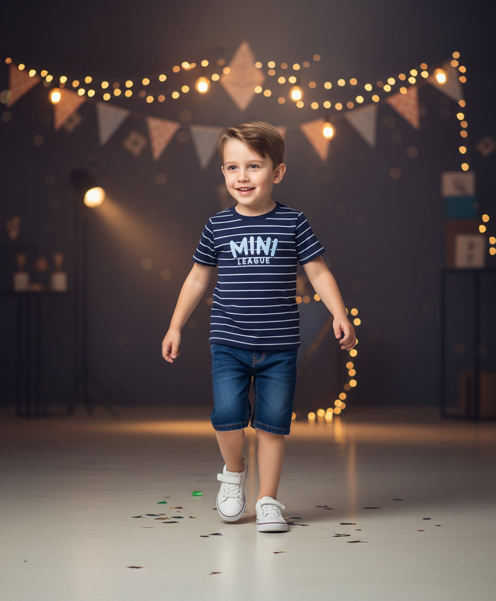 Boys Striped Knit T-Shirt with “Mini League” Placement Print, Navy Blue