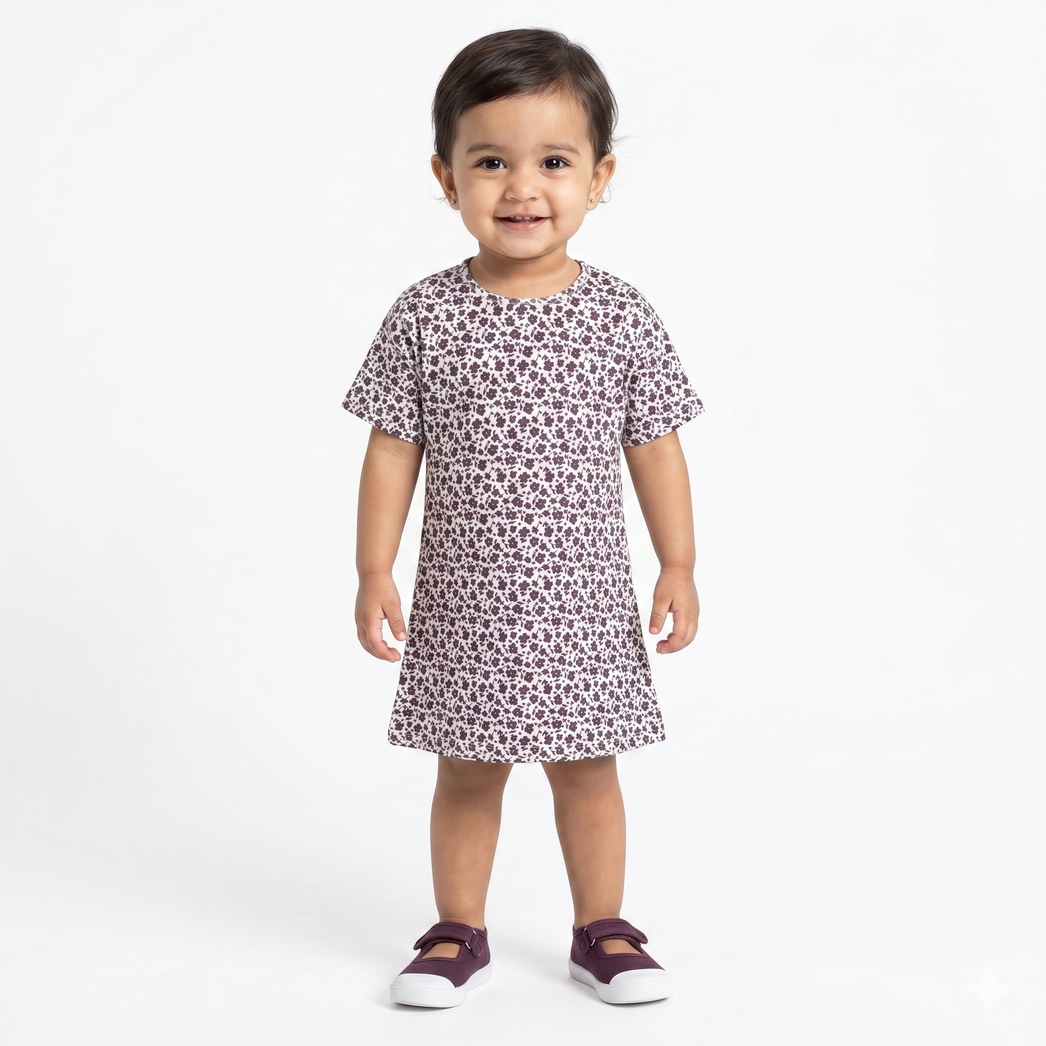 Baby Girls Floral Print Dress, White And Purple