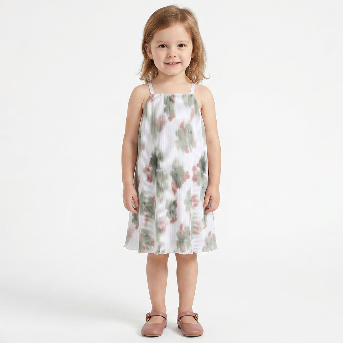 Baby Girls White Floral Print Pleated Sleeveless Knee Length Casual Dress