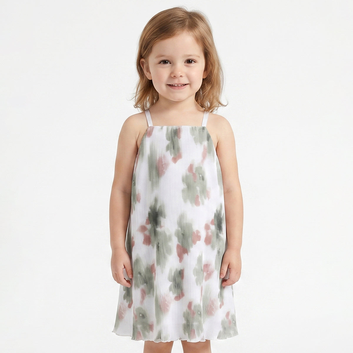 Baby Girls White Floral Print Pleated Sleeveless Knee Length Casual Dress