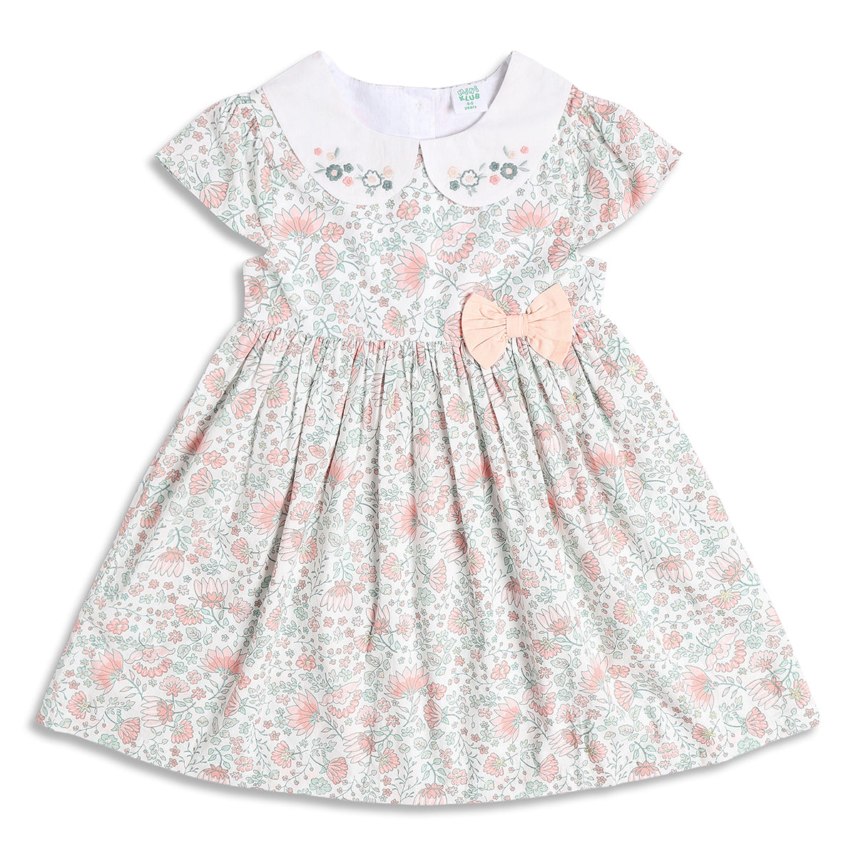 Baby Girls Floral Print Dress With Bow Detail, Pink And Mint Green
