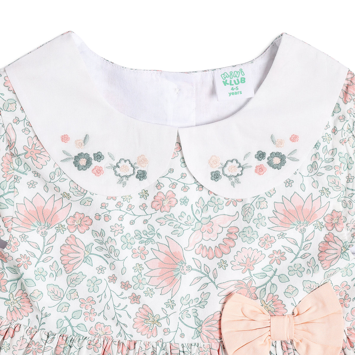 Baby Girls Floral Print Dress With Bow Detail, Pink And Mint Green