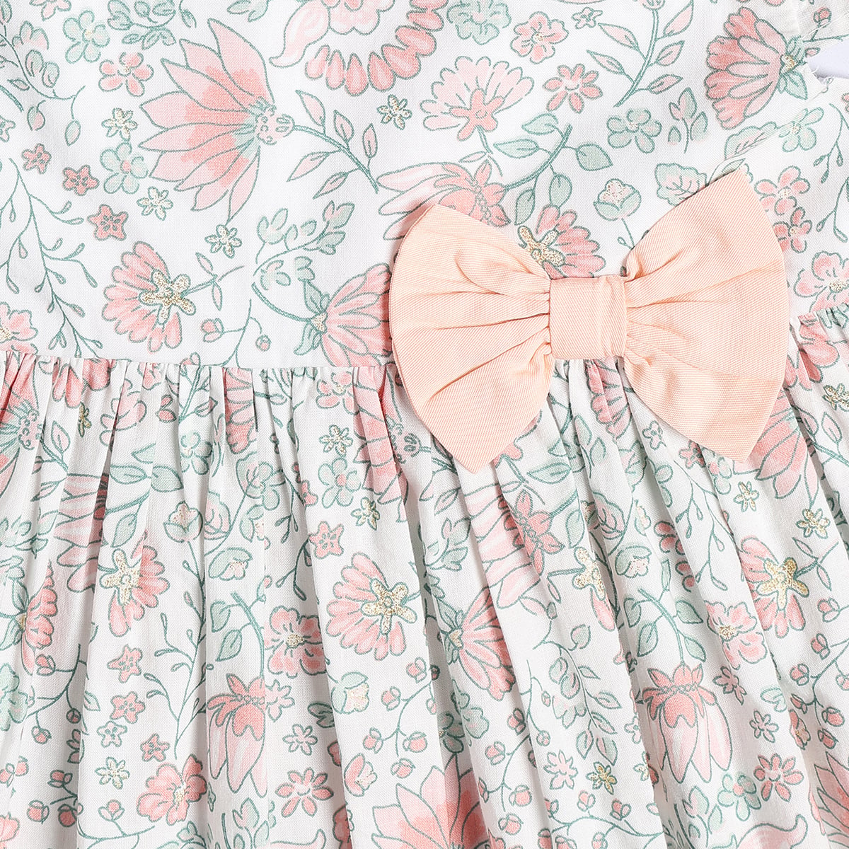 Baby Girls Floral Print Dress With Bow Detail, Pink And Mint Green