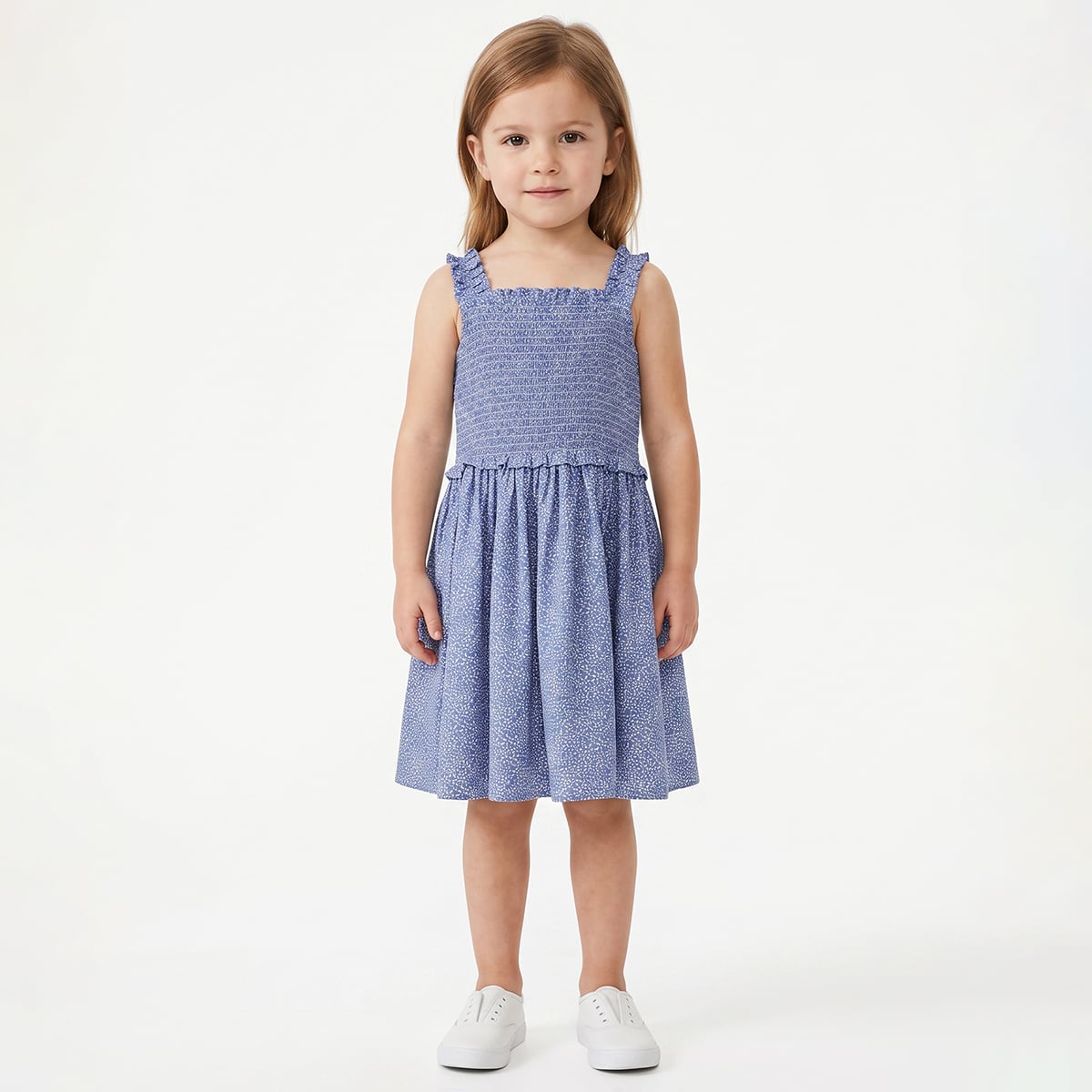Girls Blue Cotton Printed Sleeveless Dress Regular Fit Casual Wear