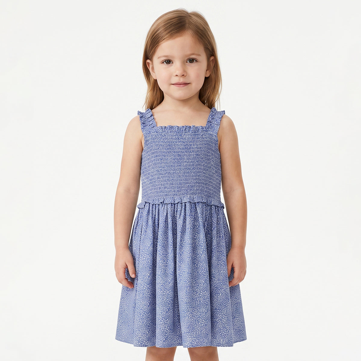 Girls Blue Cotton Printed Sleeveless Dress Regular Fit Casual Wear