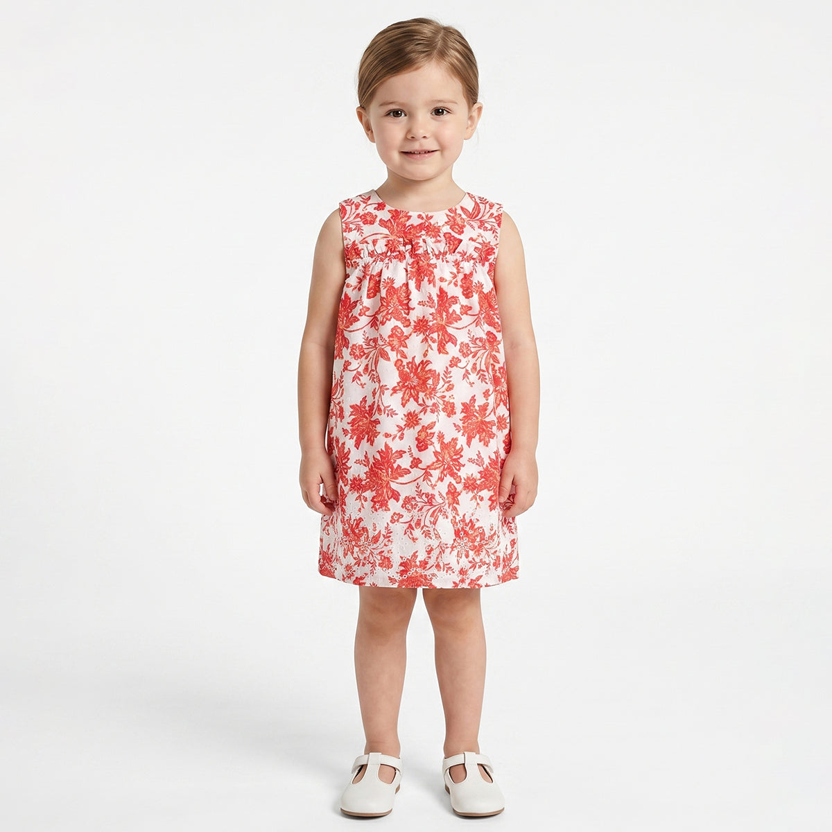 Baby Girls White & Coral Floral Print Sleeveless A-Line Casual Dress