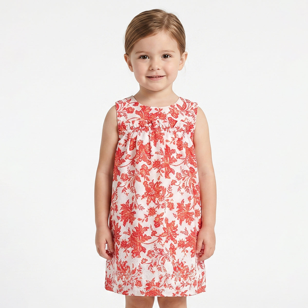 Baby Girls White & Coral Floral Print Sleeveless A-Line Casual Dress