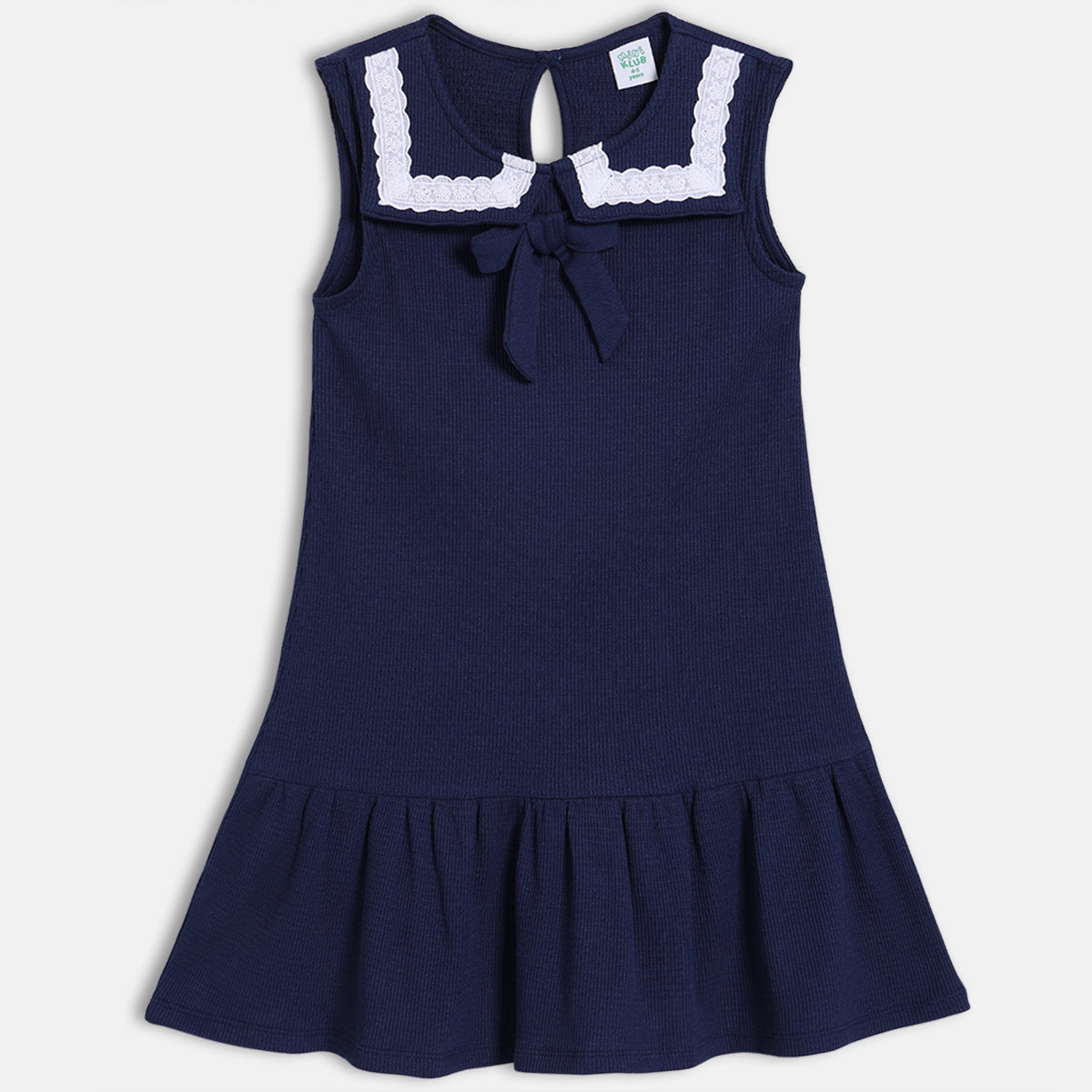 Girls Solid Sleeveless Dress with Lace Collar and Bow, Navy Blue