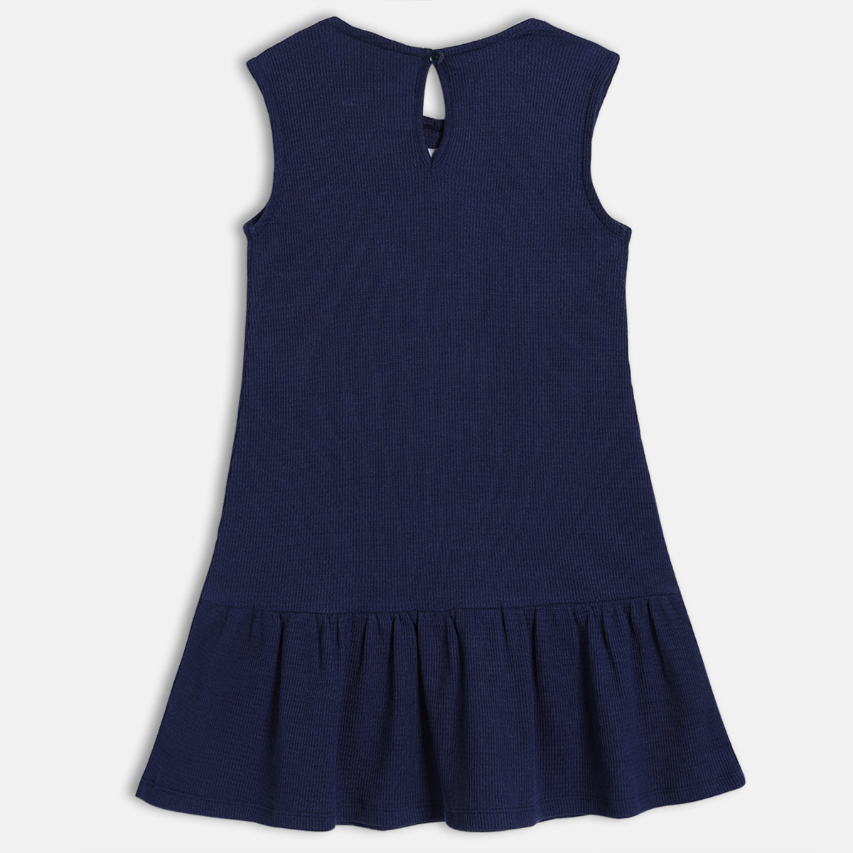 Girls Solid Sleeveless Dress with Lace Collar and Bow, Navy Blue