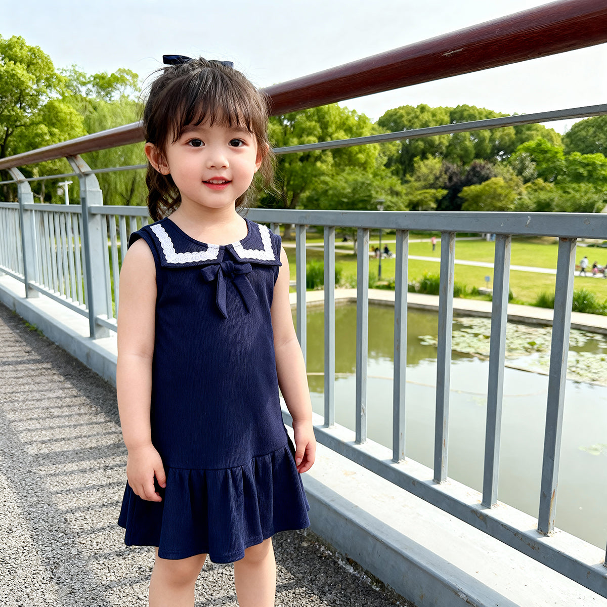 Girls Solid Sleeveless Dress with Lace Collar and Bow, Navy Blue