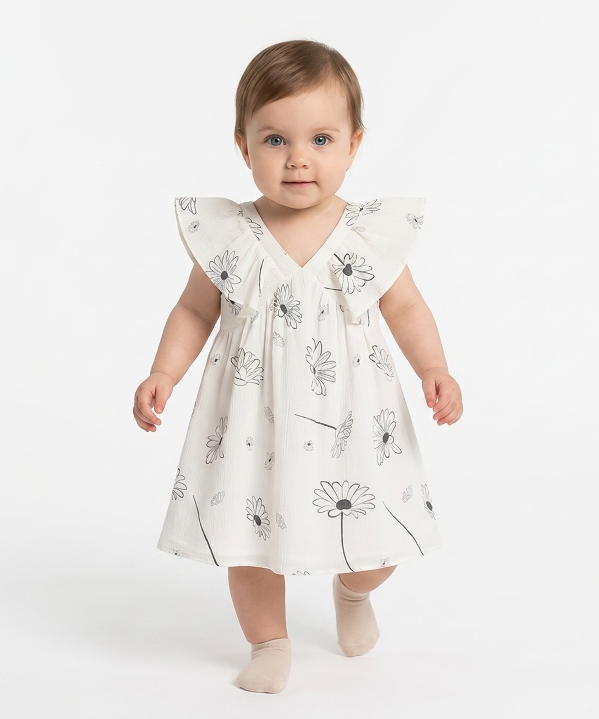 Kids Girls Floral Print Dress, White and Black