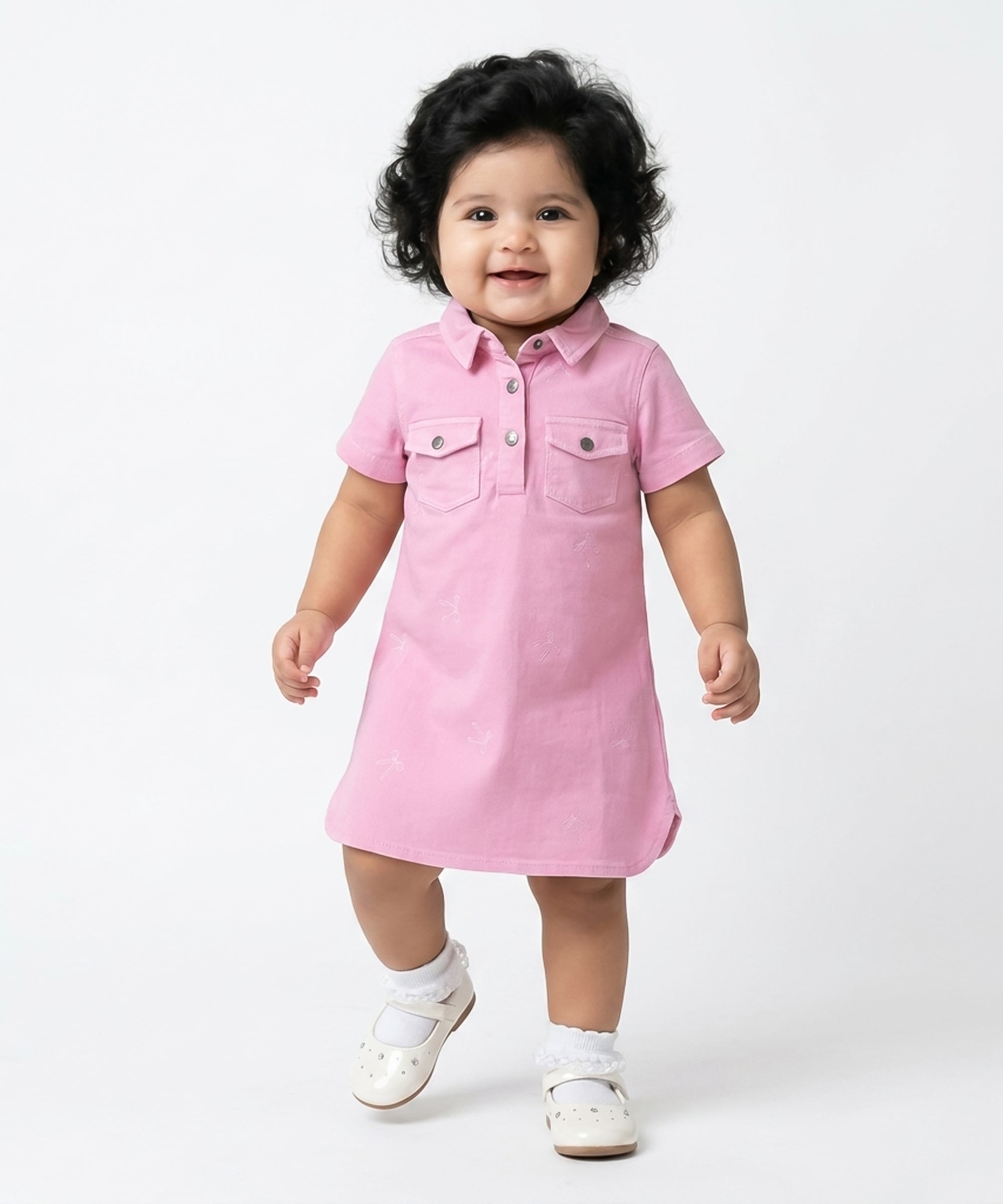 Girls Embroidered Shirt Dress, Pink