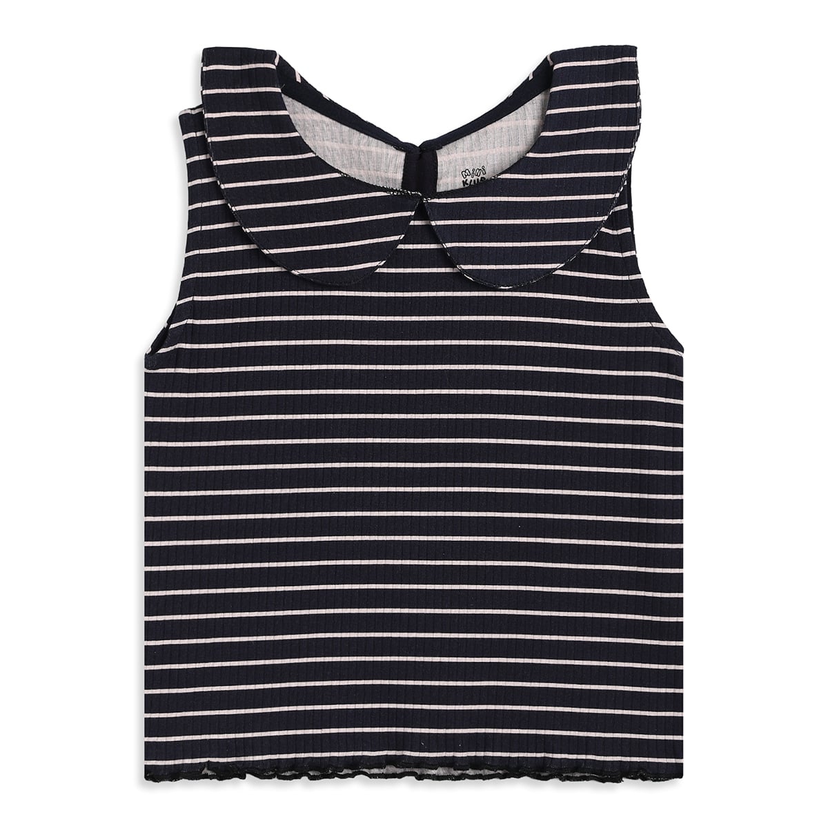 Baby Girls Black And White Cotton Ribbed Striped Peter Pan Collar Sleeveless Top Regular Fit Casual Wear