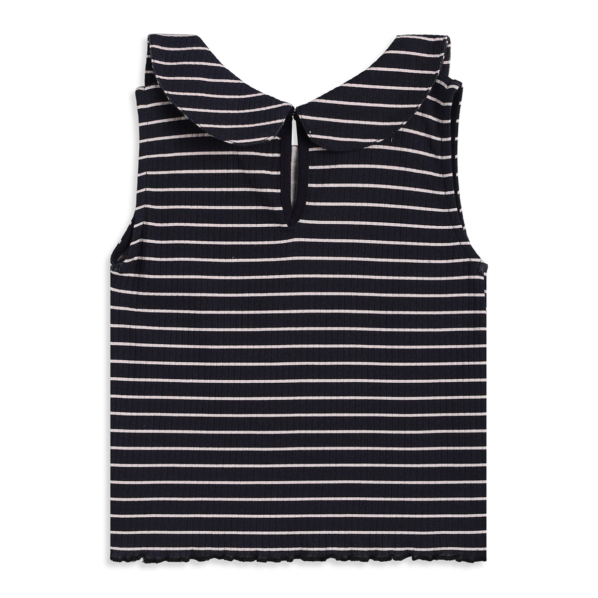 Baby Girls Black And White Cotton Ribbed Striped Peter Pan Collar Sleeveless Top Regular Fit Casual Wear