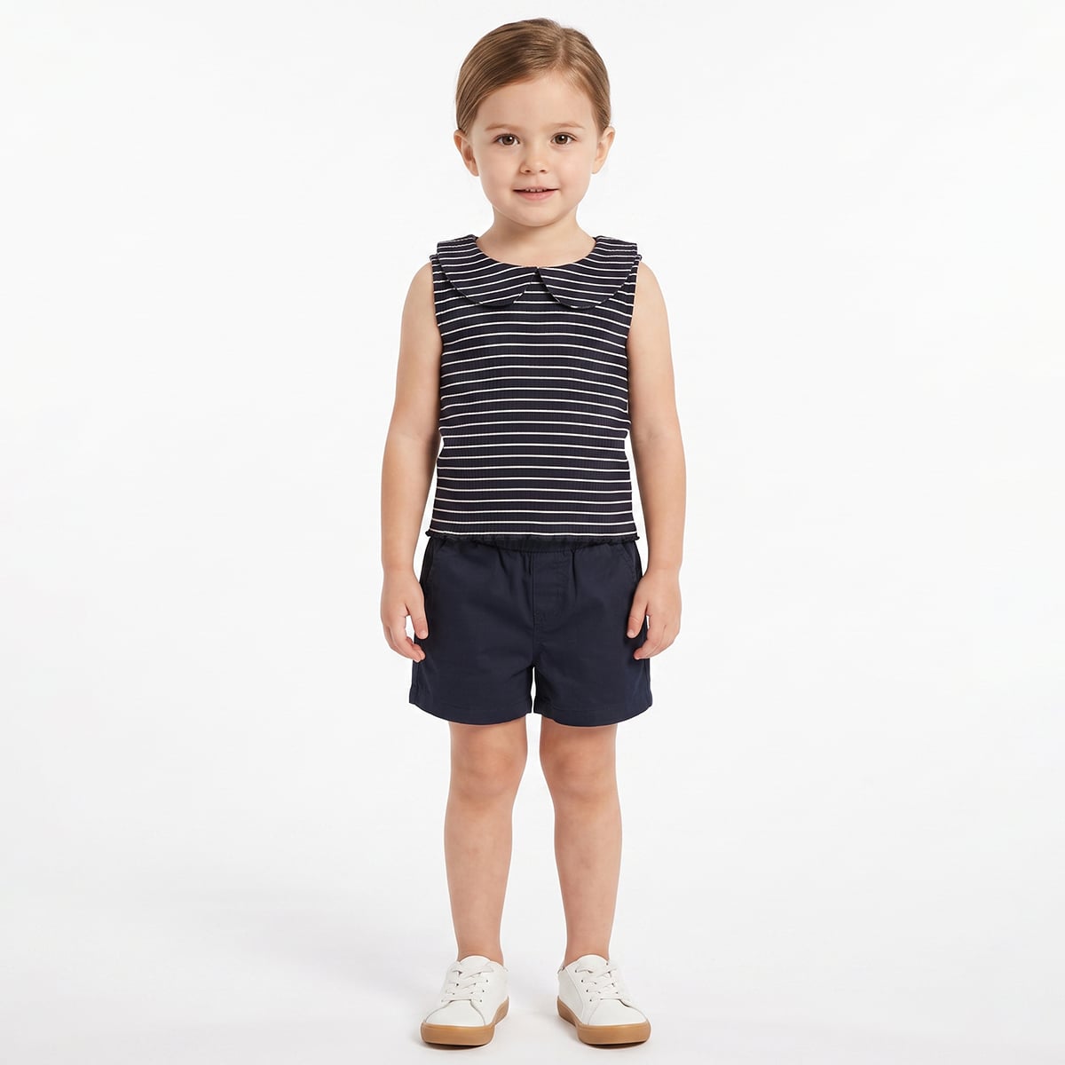 Baby Girls Black And White Cotton Ribbed Striped Peter Pan Collar Sleeveless Top Regular Fit Casual Wear