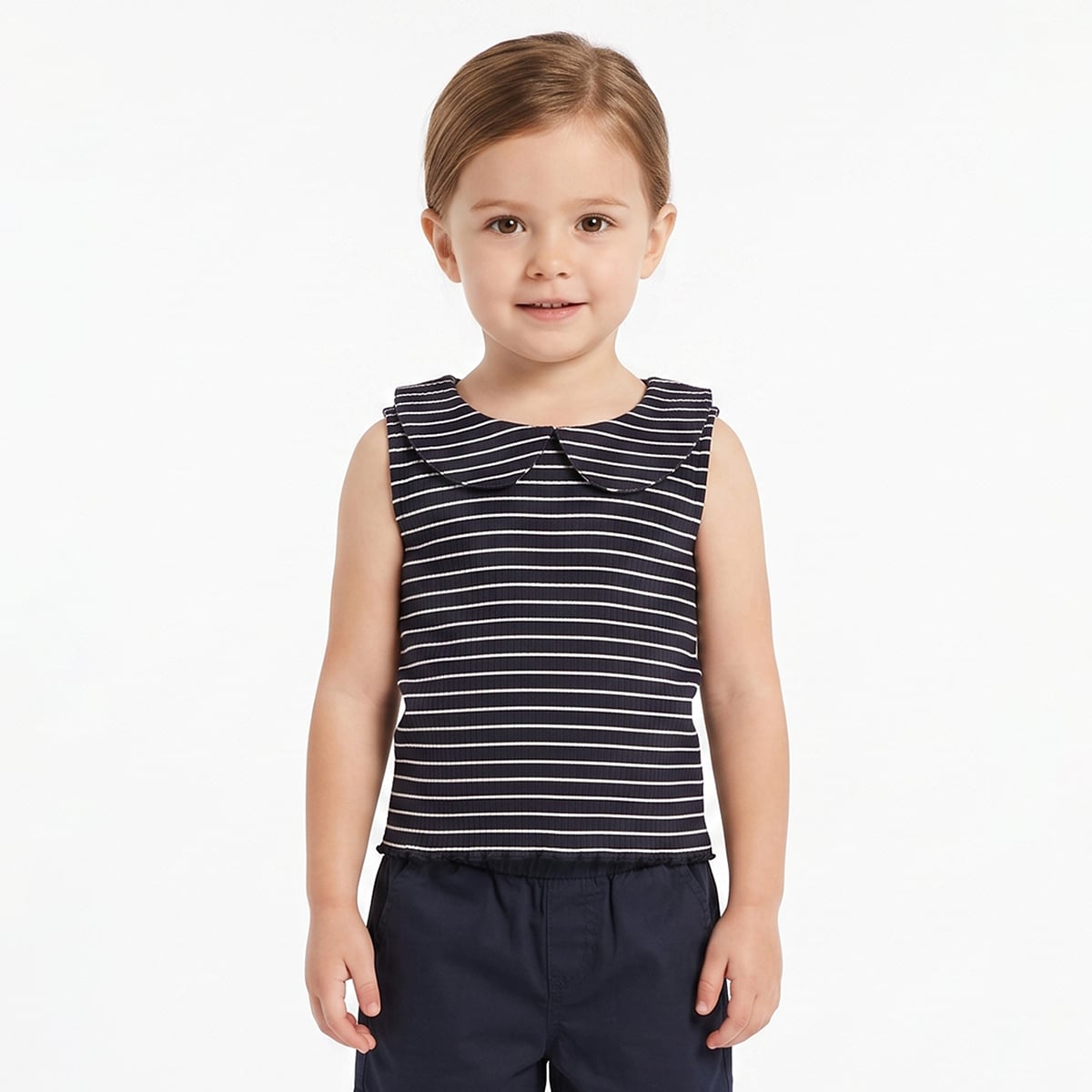 Baby Girls Black And White Cotton Ribbed Striped Peter Pan Collar Sleeveless Top Regular Fit Casual Wear