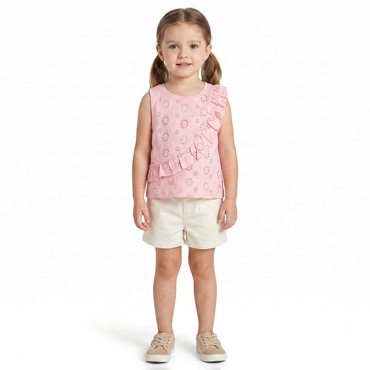 Baby Girls Pink Schiffli Embroidered Sleeveless Top Regular Fit Casual Kids Top