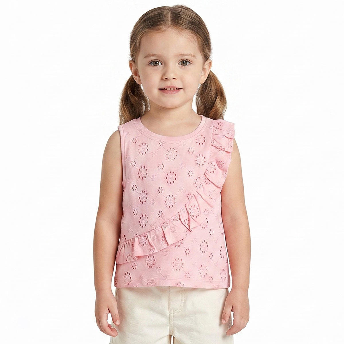 Baby Girls Pink Schiffli Embroidered Sleeveless Top Regular Fit Casual Kids Top