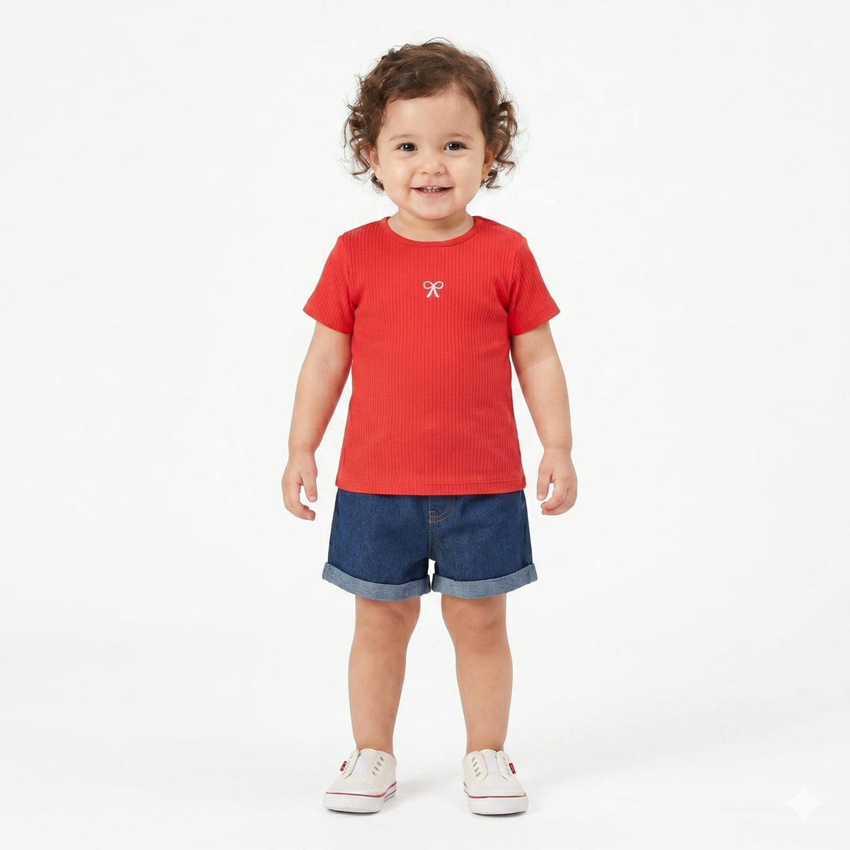 Baby Girls Ribbed Top With Bow Embroidery, Red
