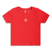 Baby Girls Ribbed Top With Bow Embroidery, Red