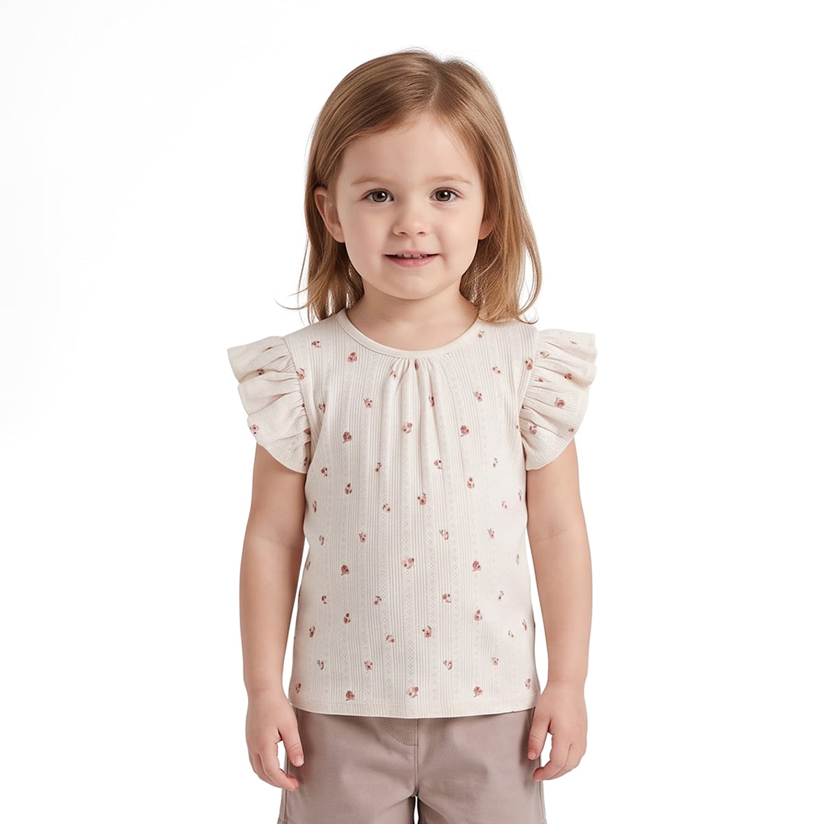 Girls Cream Cotton Floral Top Regular Fit Casual Wear