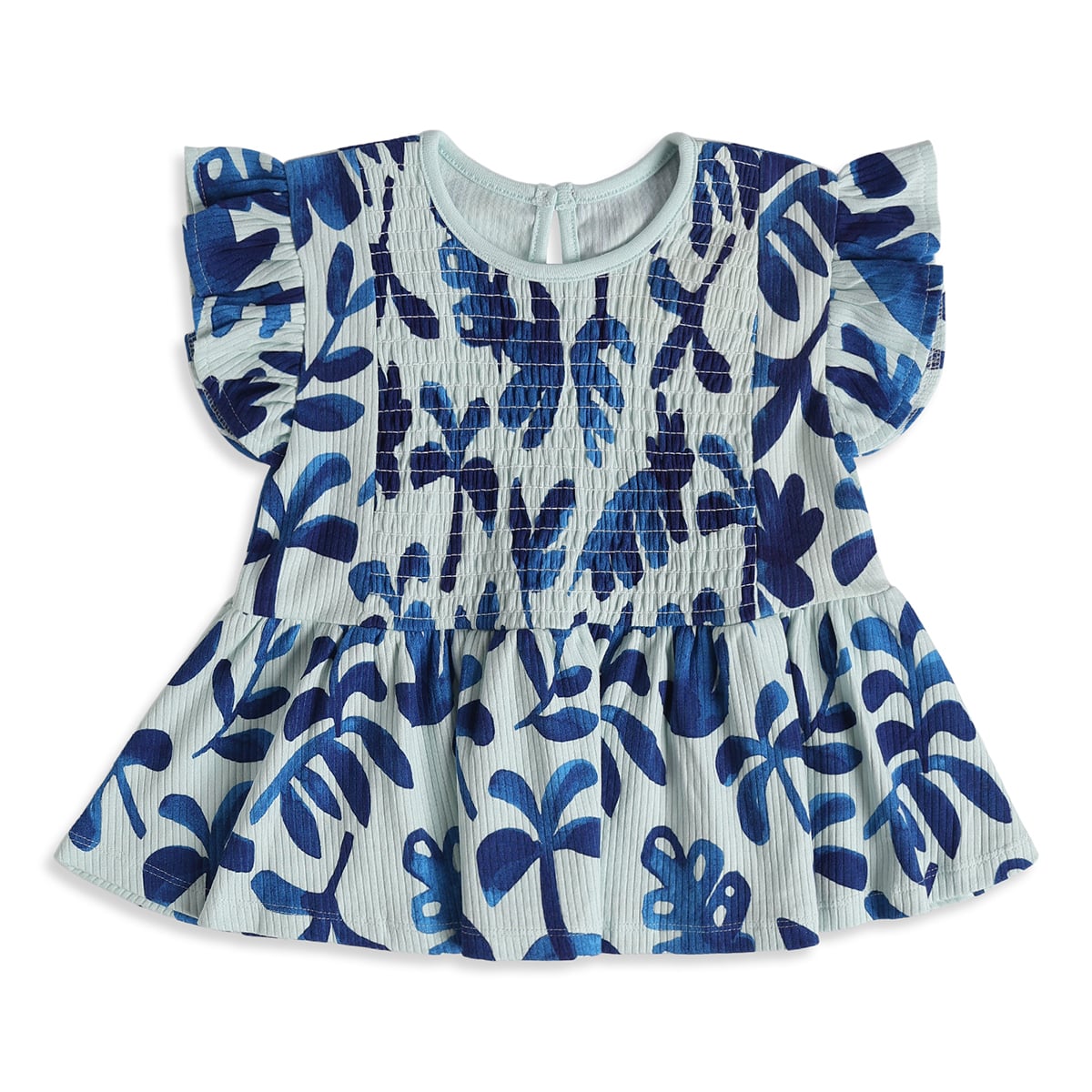 Girls Blue Cotton Leaf Print Peplum Top Regular Fit Casual Wear