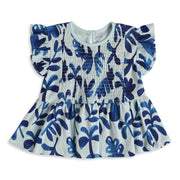Girls Blue Cotton Leaf Print Peplum Top Regular Fit Casual Wear