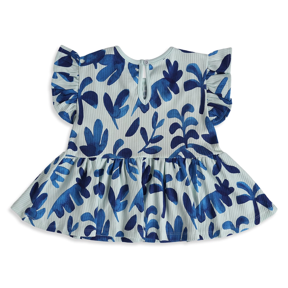 Girls Blue Cotton Leaf Print Peplum Top Regular Fit Casual Wear