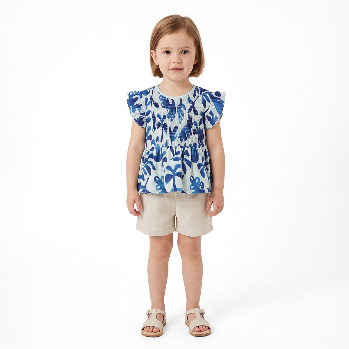 Girls Blue Cotton Leaf Print Peplum Top Regular Fit Casual Wear
