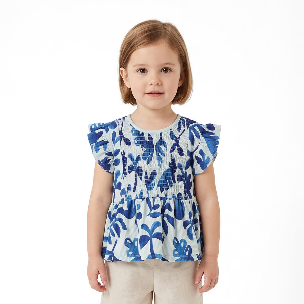 Girls Blue Cotton Leaf Print Peplum Top Regular Fit Casual Wear