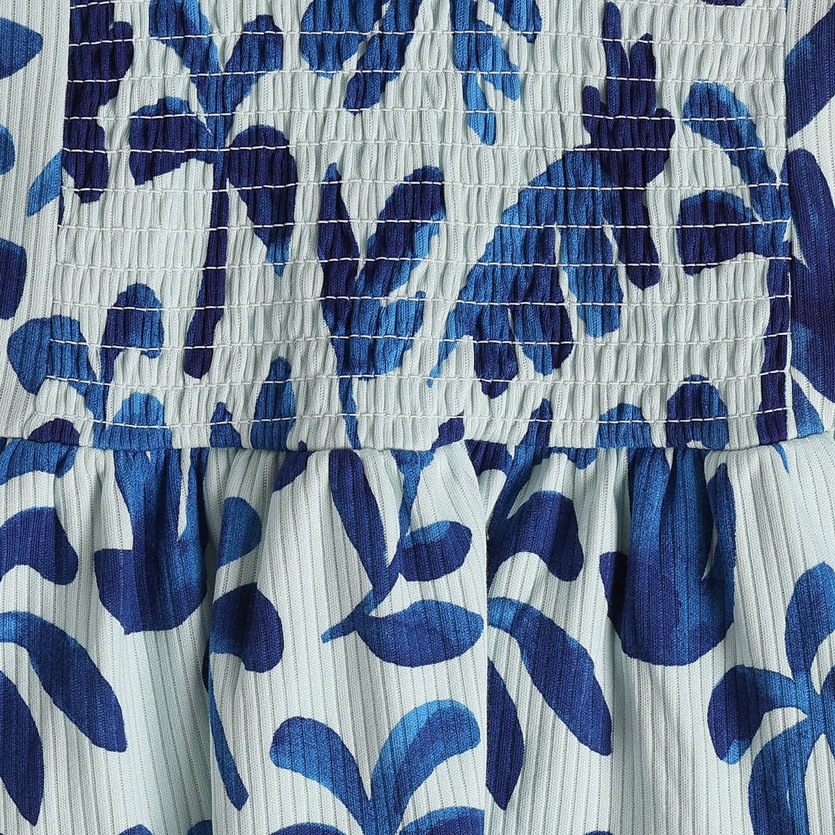 Girls Blue Cotton Leaf Print Peplum Top Regular Fit Casual Wear