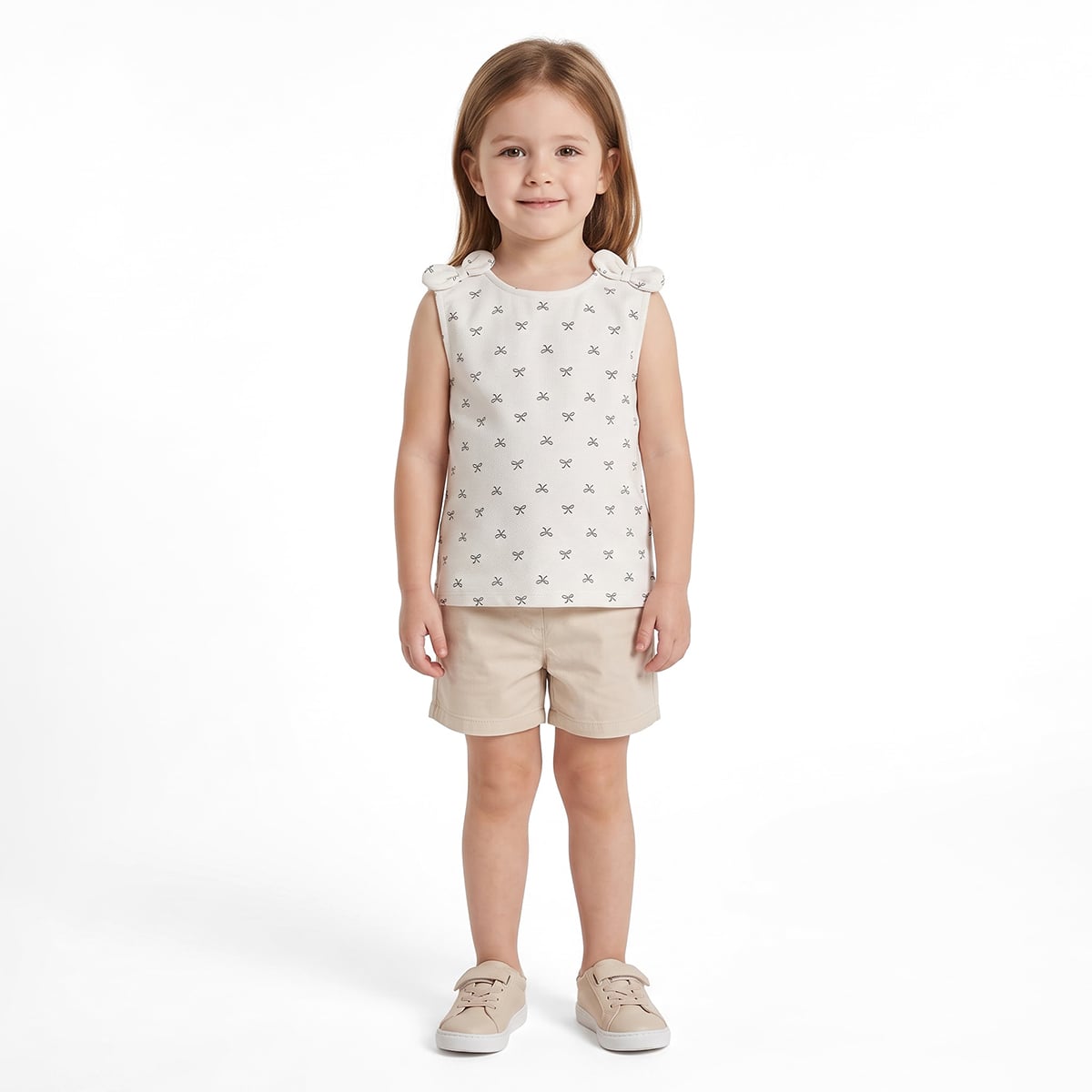 Girls White Cotton Bow Print Top Regular Fit Casual Wear