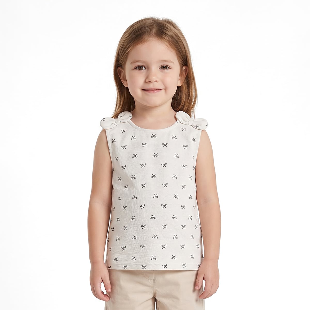 Girls White Cotton Bow Print Top Regular Fit Casual Wear