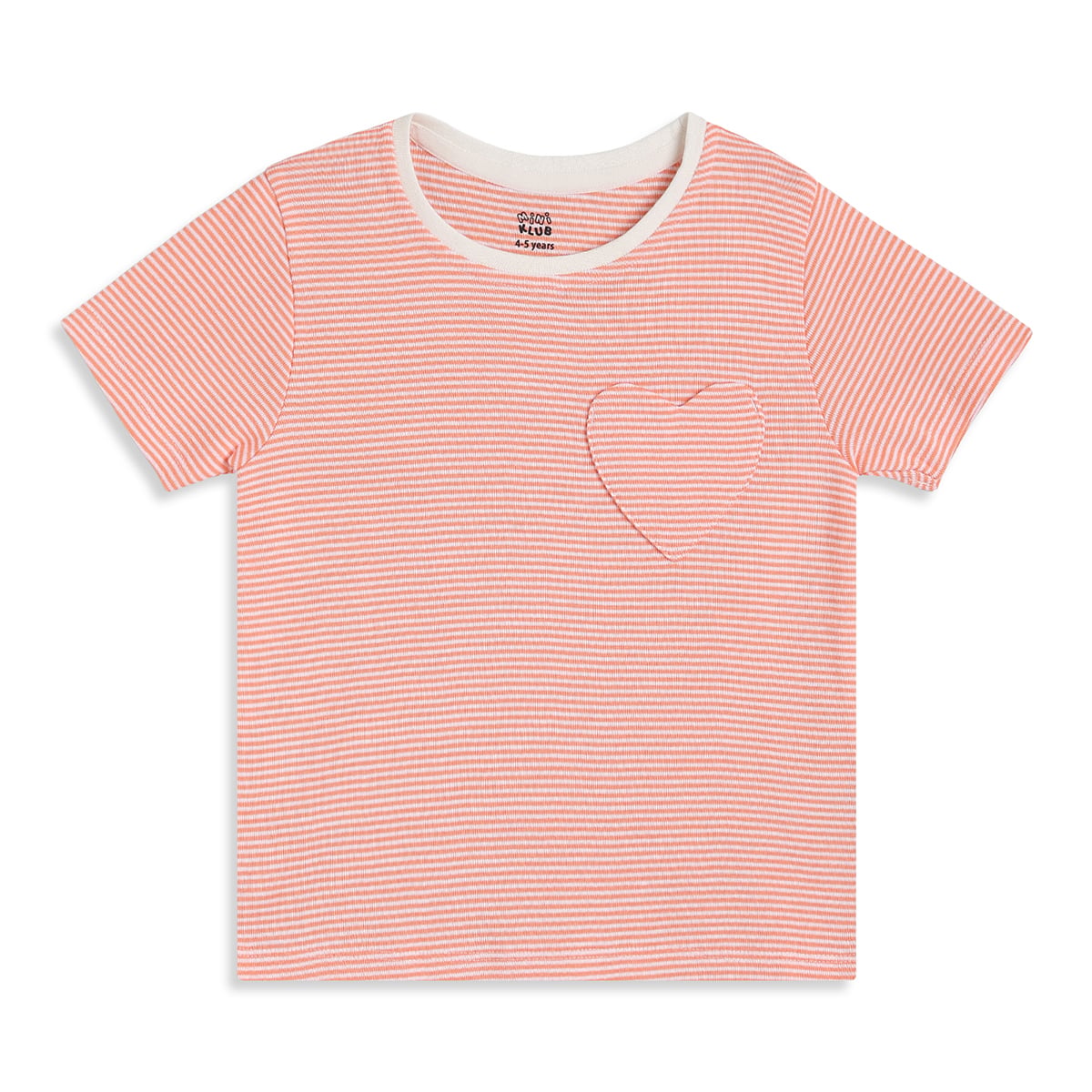 Baby Girls Orange And White Cotton Striped Heart Pocket T-Shirt Regular Fit Casual Wear