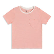 Baby Girls Orange And White Cotton Striped Heart Pocket T-Shirt Regular Fit Casual Wear