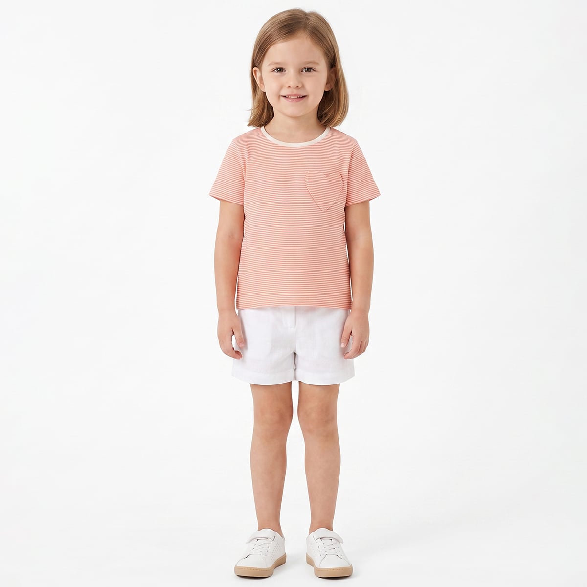 Baby Girls Orange And White Cotton Striped Heart Pocket T-Shirt Regular Fit Casual Wear