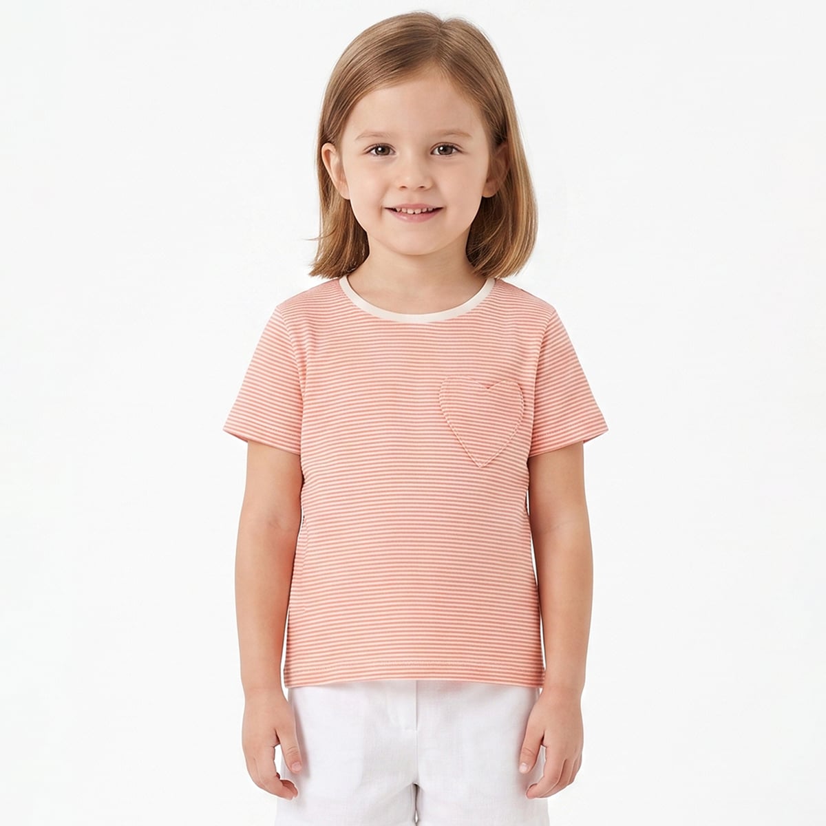 Baby Girls Orange And White Cotton Striped Heart Pocket T-Shirt Regular Fit Casual Wear