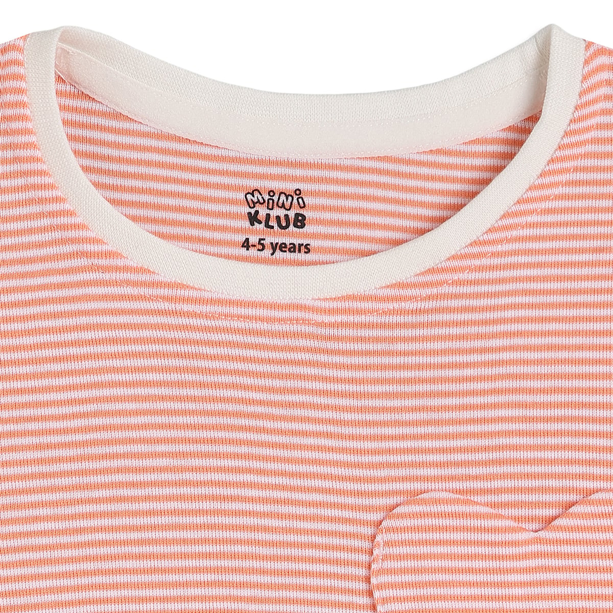 Baby Girls Orange And White Cotton Striped Heart Pocket T-Shirt Regular Fit Casual Wear