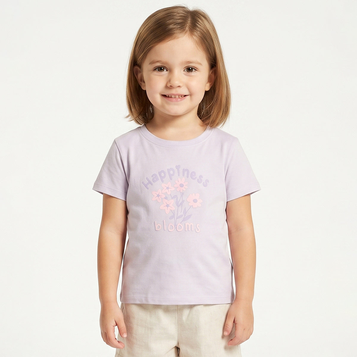 Girls Lavender Floral Print Half Sleeves Cotton T-Shirt Regular Fit Casual Tee