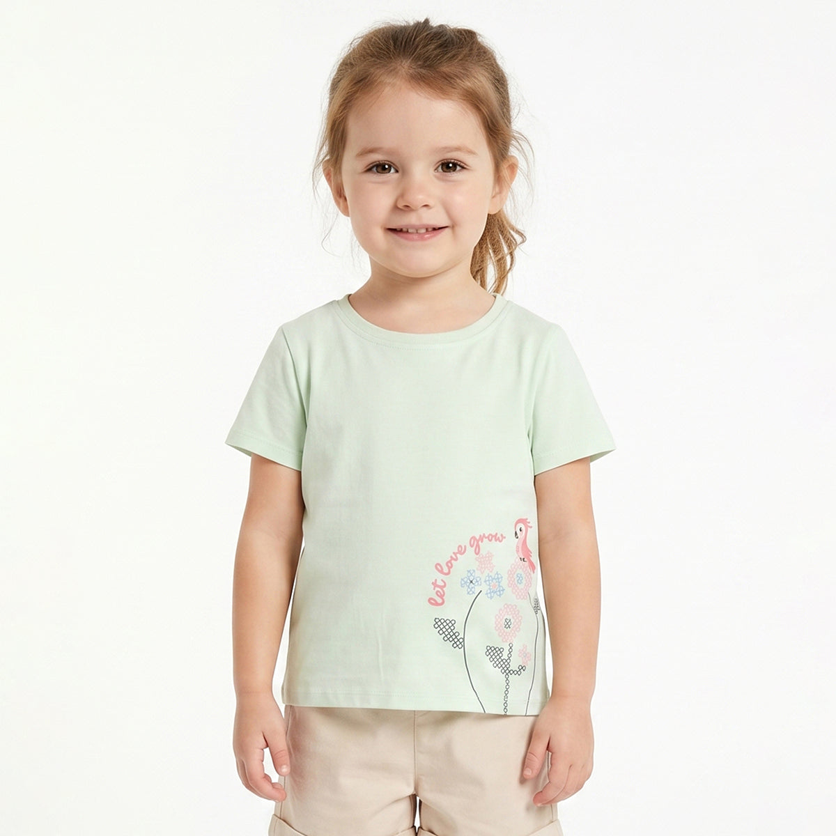 Baby Girls Light Green Cotton T-Shirt Regular Fit Casual Kids T-Shirt