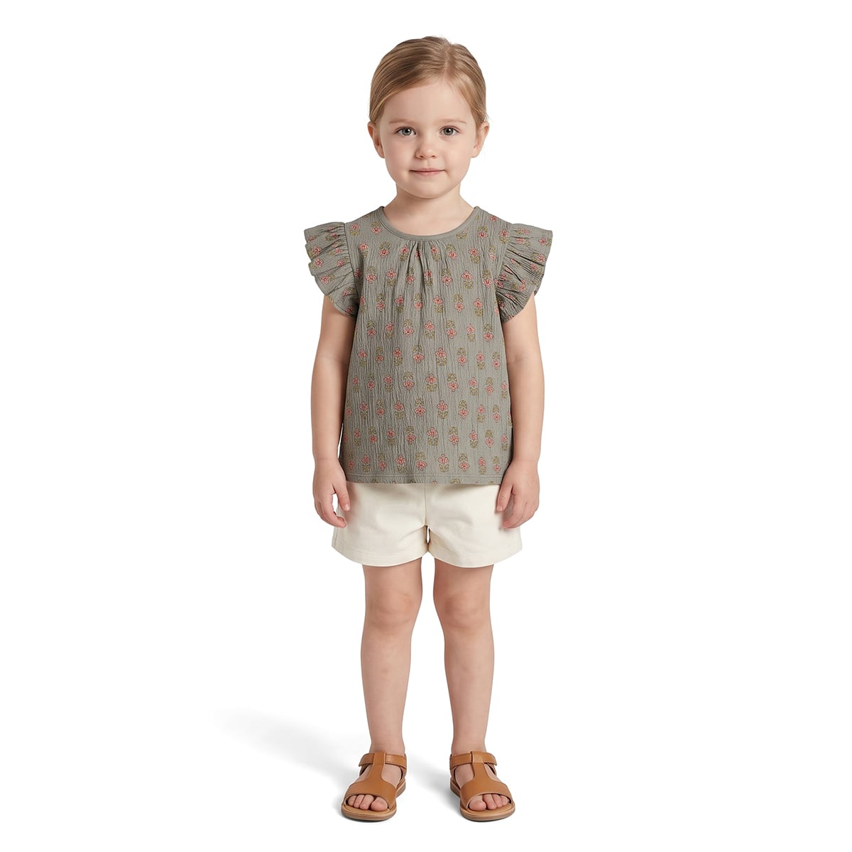 Girls Grey Cotton Floral Top Regular Fit Casual Wear