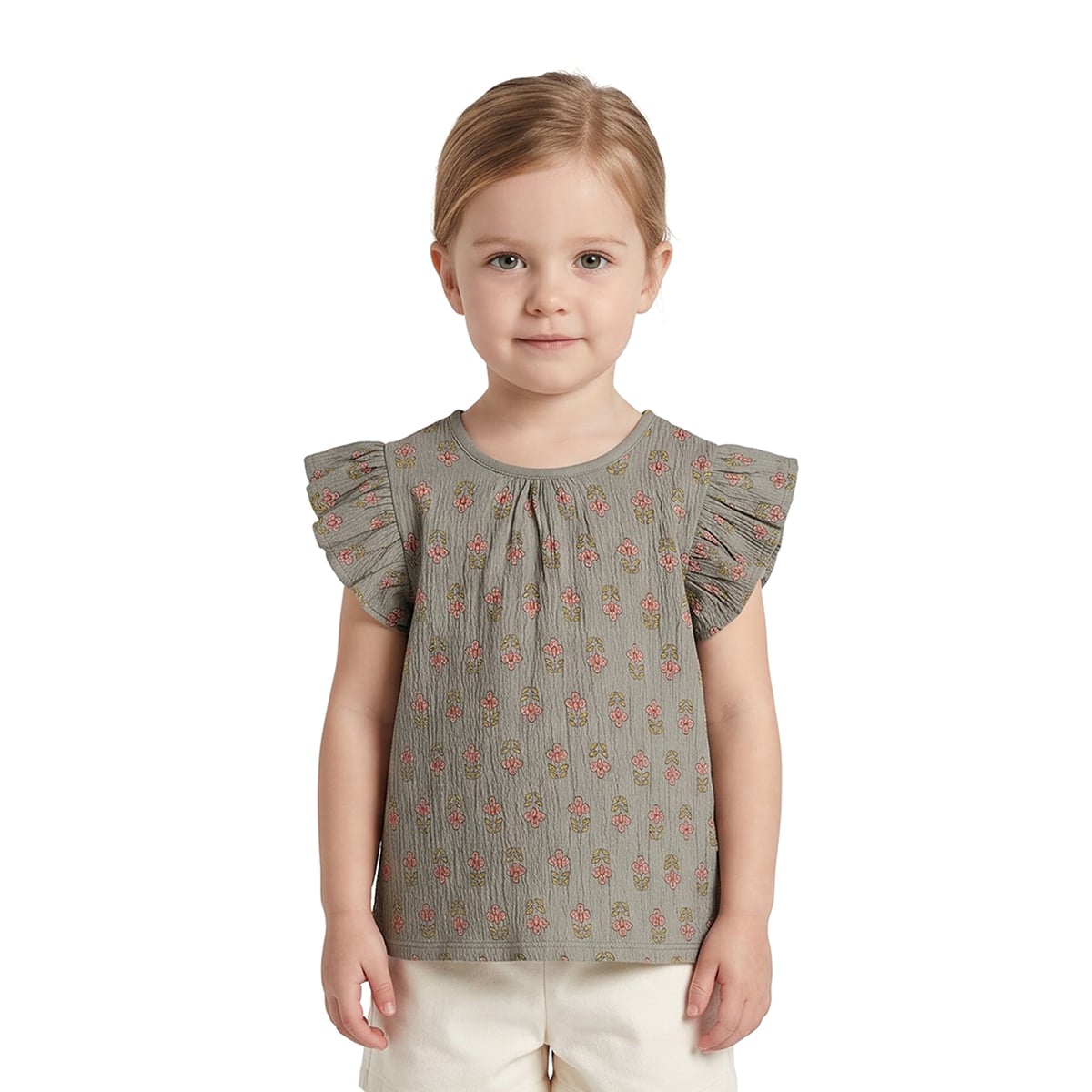Girls Grey Cotton Floral Top Regular Fit Casual Wear